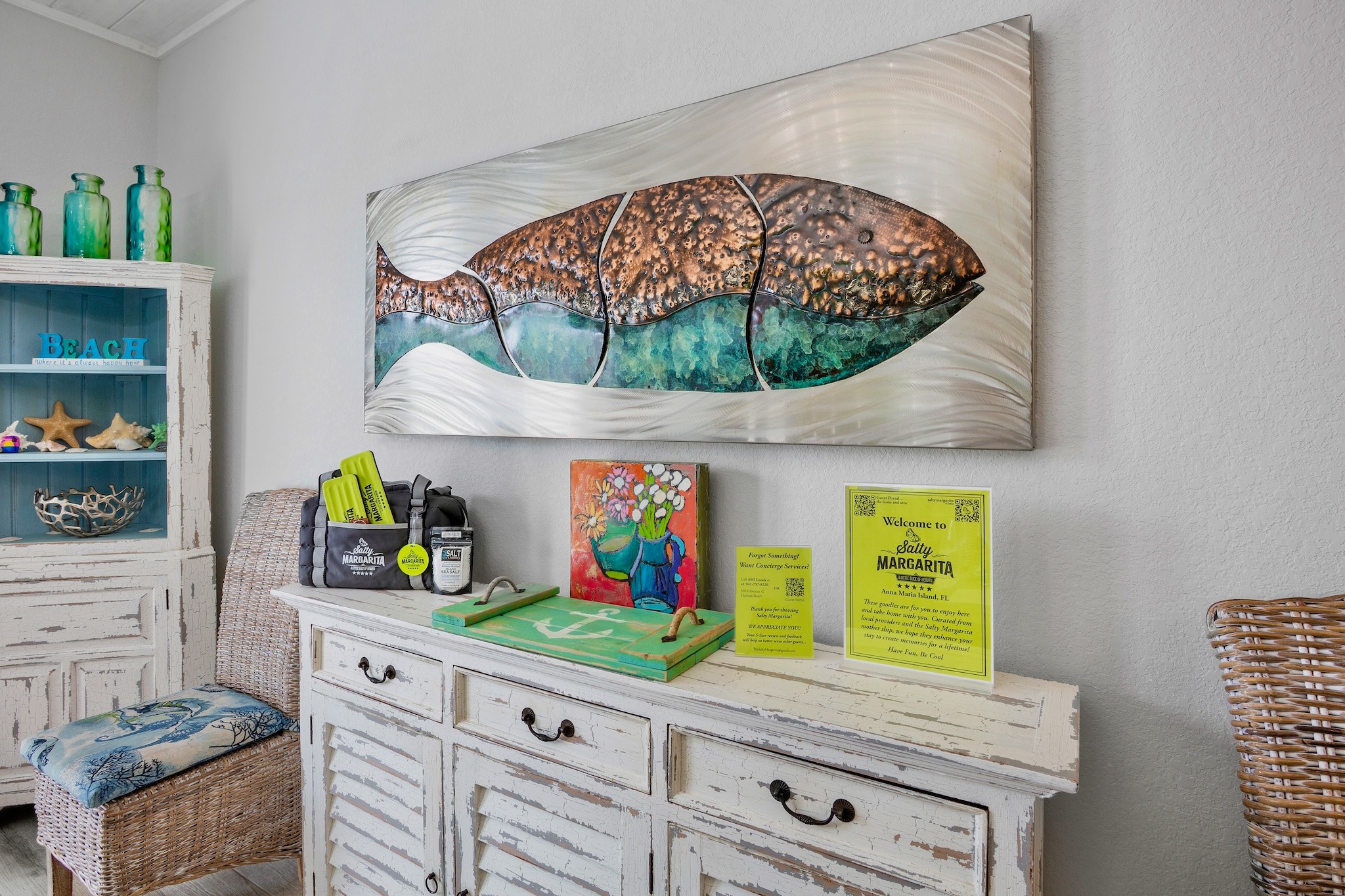 Coastal fish artwork and Salty Margarita details