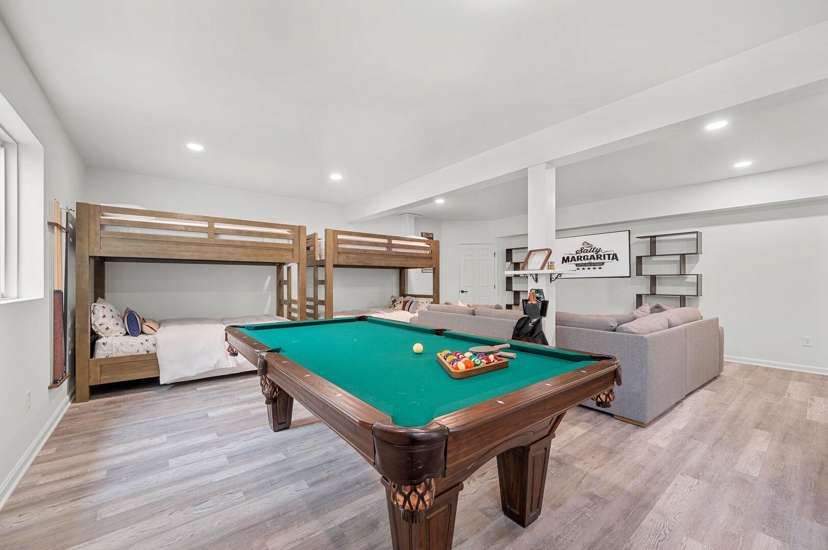 Green pool table in the Salty Margarita game room
